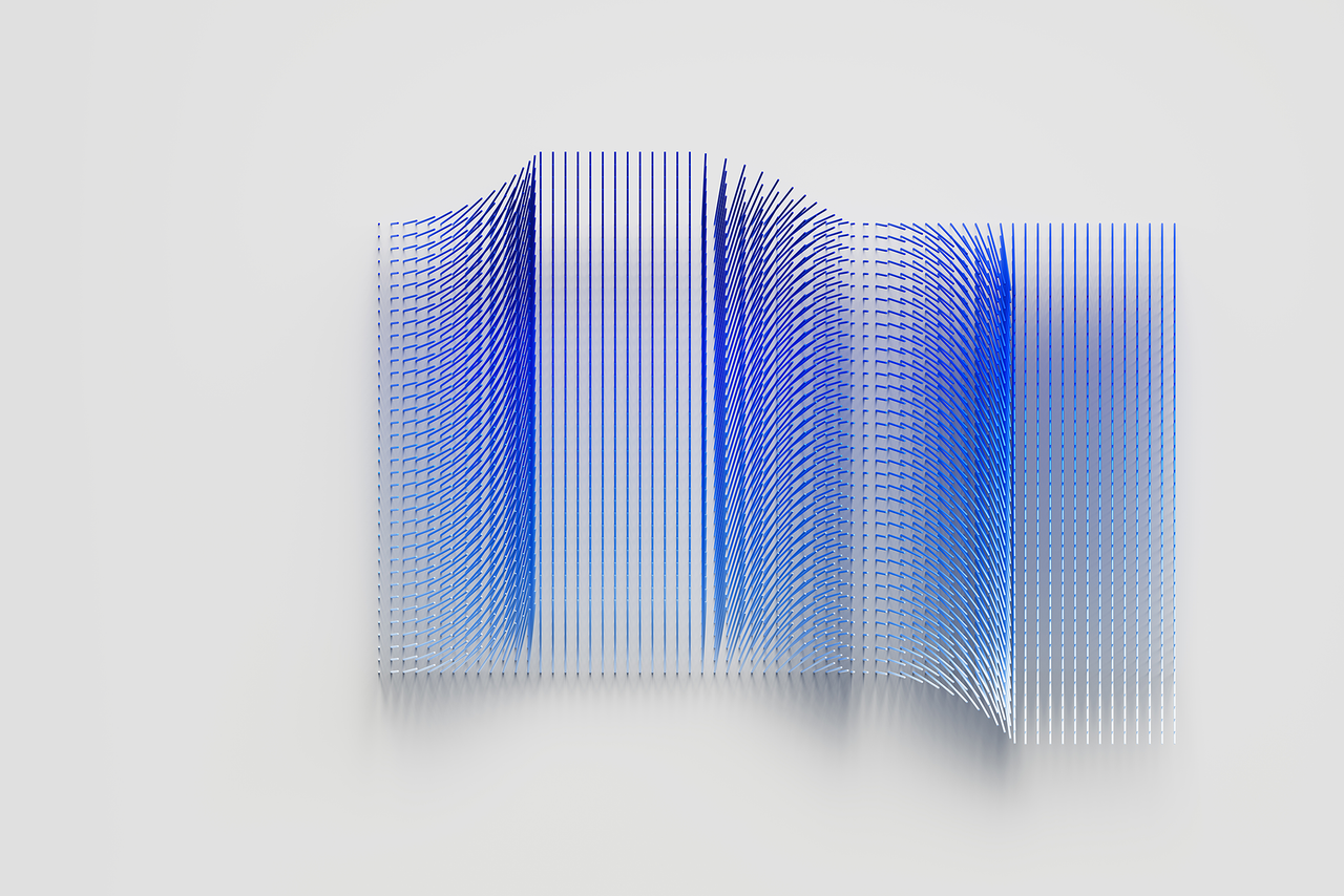 Purple wave of bundled strands connects blue cables