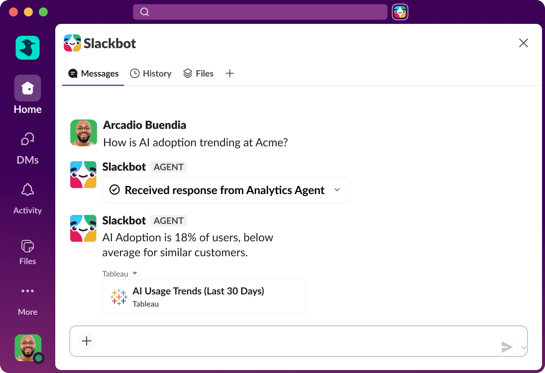 Slack UI displays an AI answer to a search query.
