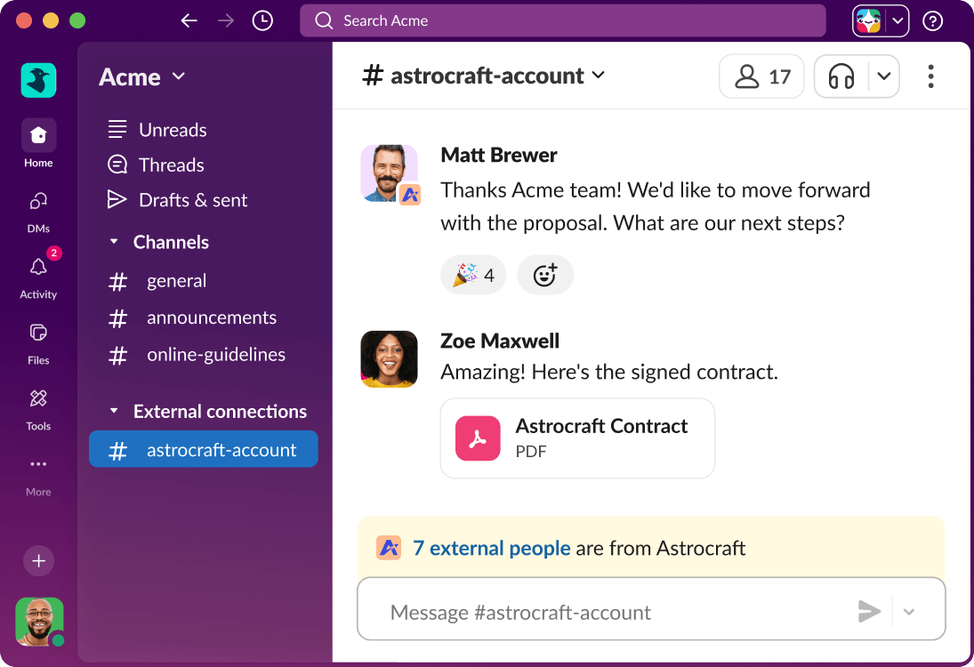 A Slack Connect channel shows a conversation between an internal team and external clients.