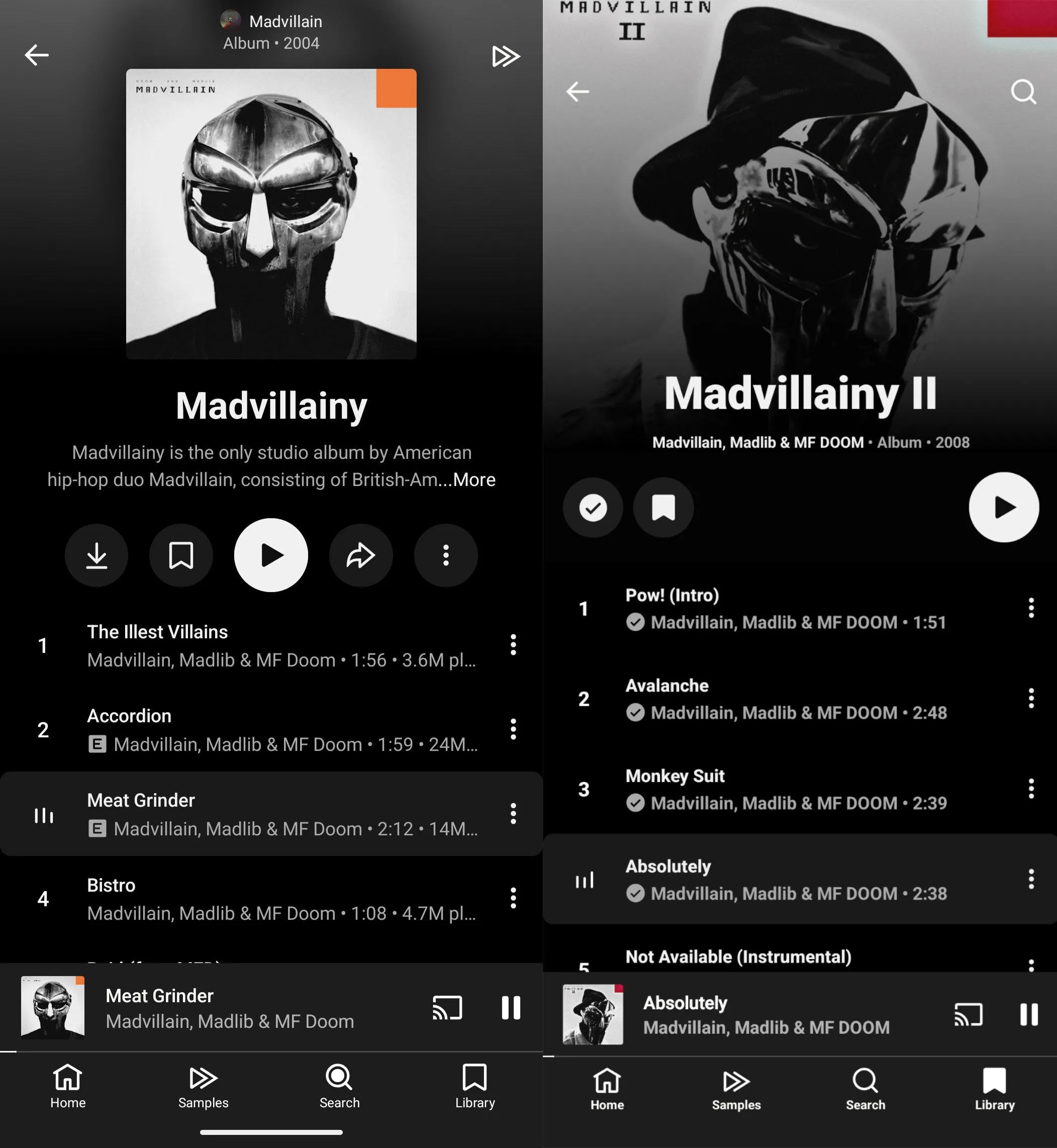 YouTube Music’s old UI with smaller album art on the left, playing Madvillainy. The new UI being tested on teh right with larger album art for Madvillainy II.