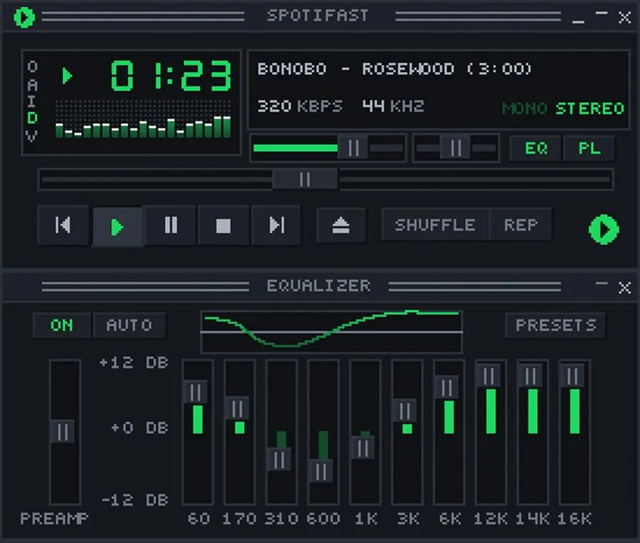 A screenshot of the Spotifast Mini Player that supports Winamp skins.