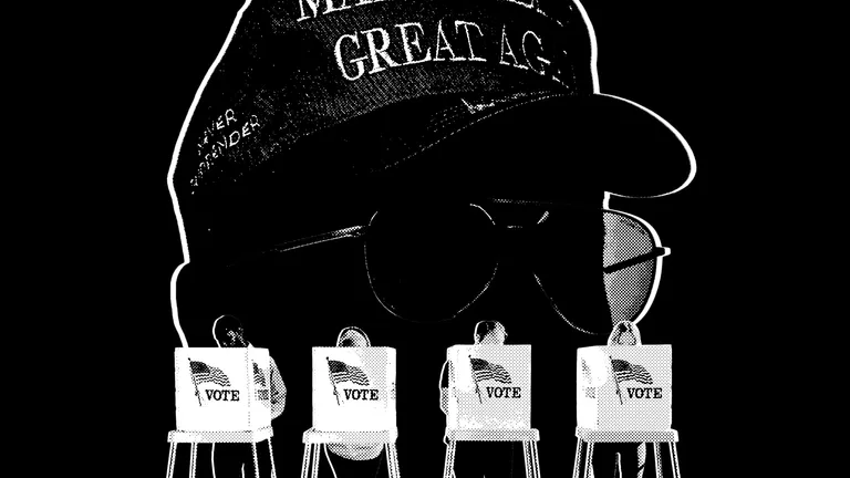 A large shadowy Elon Musk behind people voting at the polls